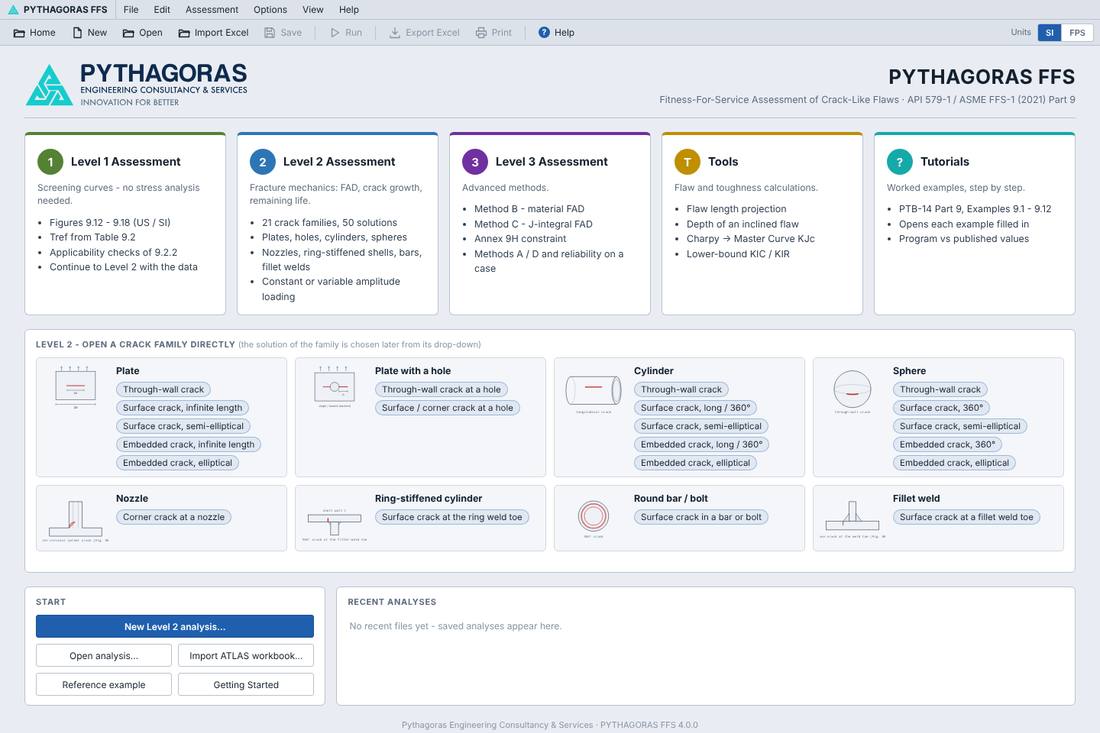 Home screen of the in-house software PY-FFS with Level 1, Level 2, Level 3, Tools and Tutorials and the flaw families grouped by component